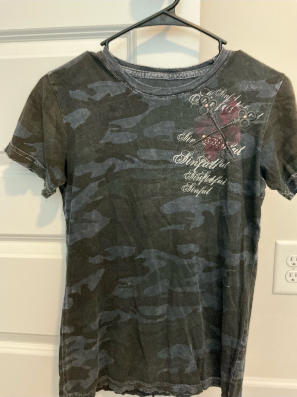 Sinful Black & Gray Camo Tee with Pink Chest Accent